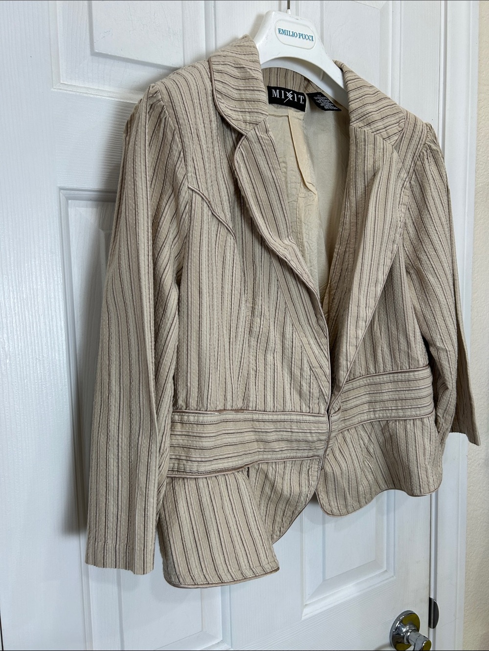 MIXIT Tan Neutral Pinstripe Cropped Peplum Blazer Jacket Cotton Plus Size 1X - Picture 3 of 11
